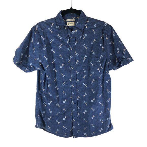 Haggar Mens Button Down Shirt Hawaiian Floral Sailor Girl Stretch Blue L - Picture 1 of 5